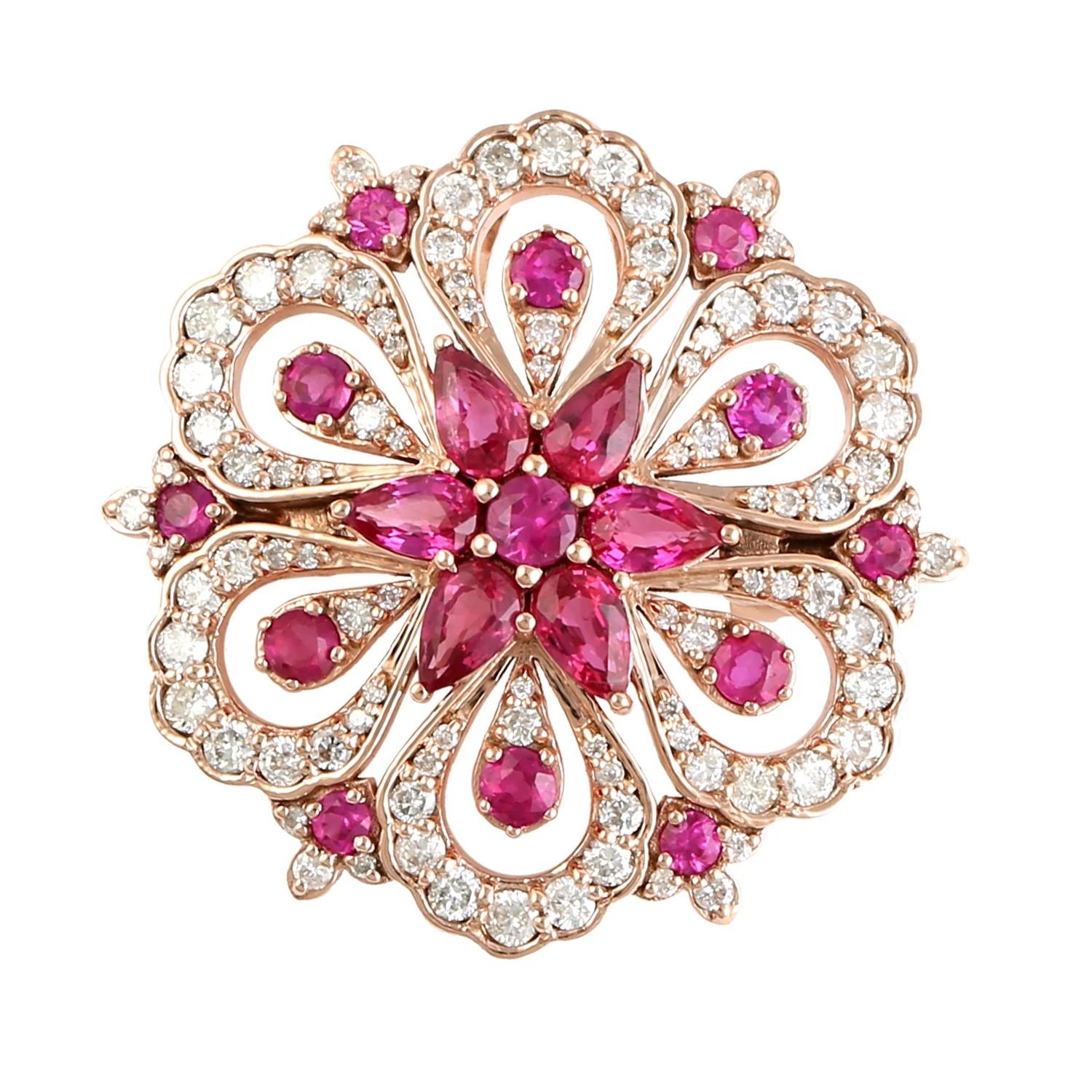 Mixed Cut Meghna Jewels 2.94 carats ruby diamond 14K Gold Floral Pendant Brooch For Sale