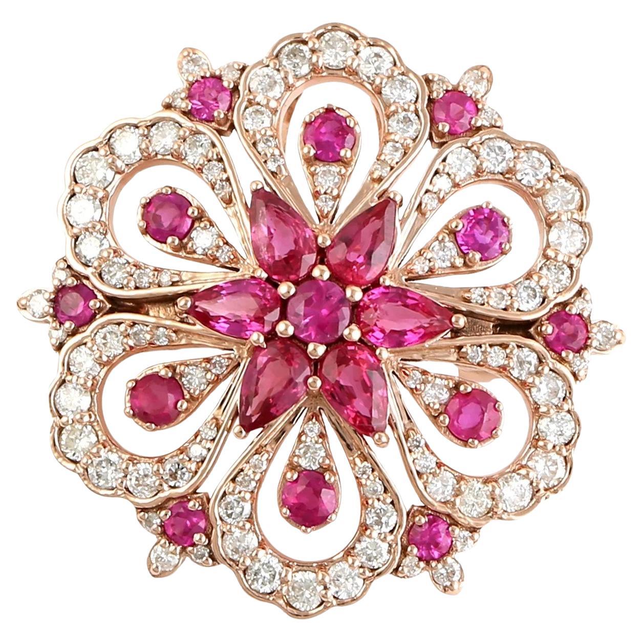 Meghna Jewels 2.94 carats ruby diamond 14K Gold Floral Pendant Brooch For Sale