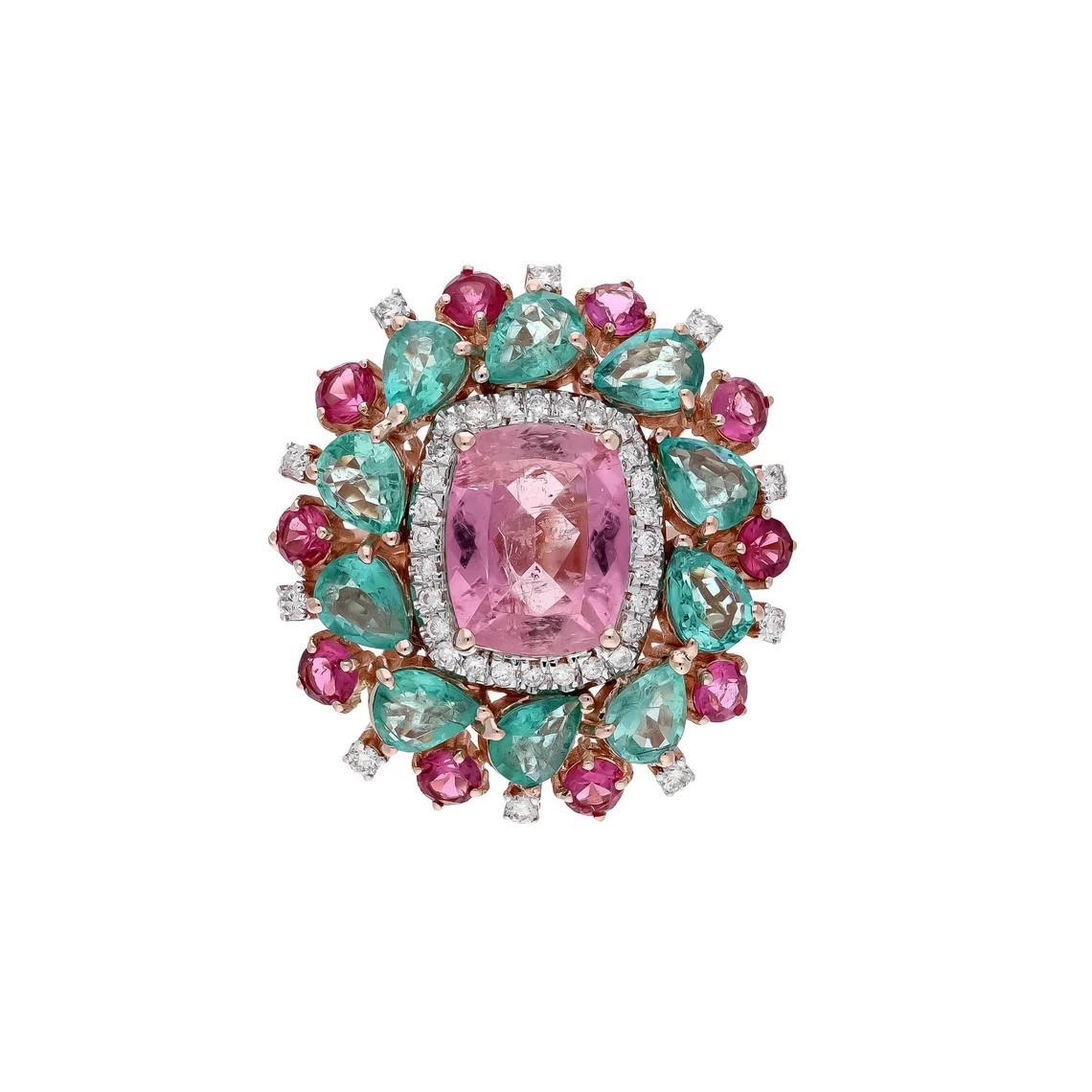 This stunning ring has been crafted from 18-karat gold. It is hand set with 3.09 carat tourmaline, 2.50 carats emerald, .46 carats of sparkling diamonds. 

The ring is a size 7 and may be resized to larger or smaller upon request. FOLLOW MEGHNA