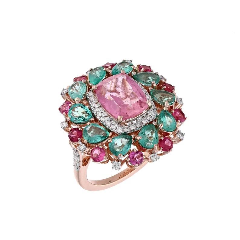 Mixed Cut Meghna Jewels 3.09 Carat Tourmaline 2.5 carat Emerald Diamond 18 Karat Gold Ring For Sale
