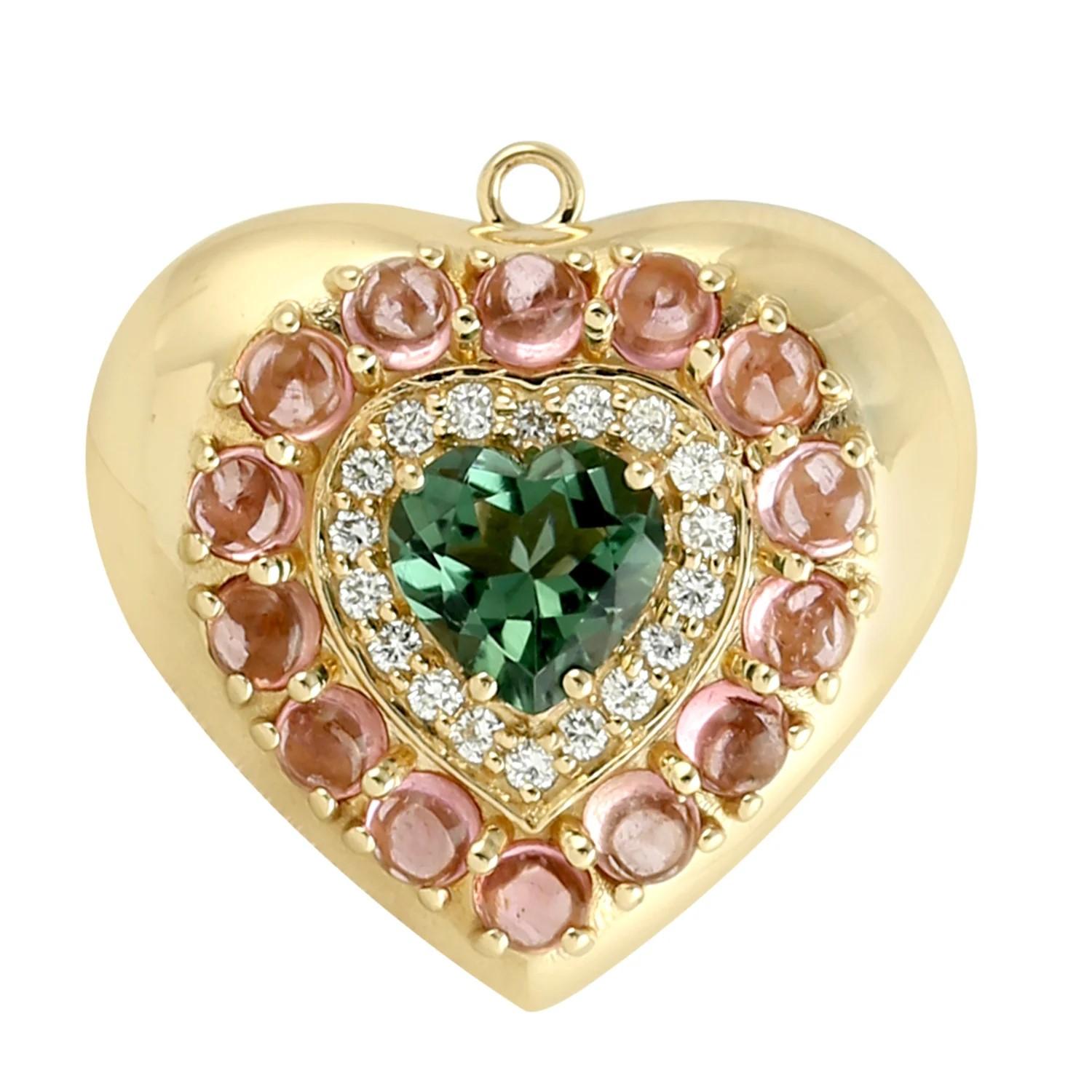 Mixed Cut Meghna Jewels 3.09 carats Tourmaline 14K Gold Diamond Heart Pendant Necklace For Sale