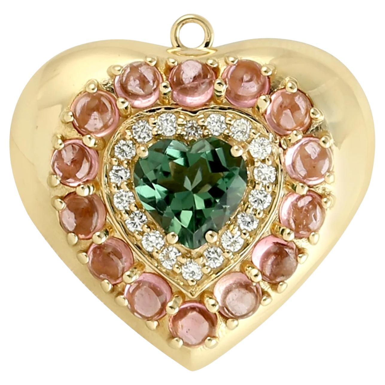 Meghna Jewels 3,09 Karat Turmalin 14K Gold Diamant-Anhänger Herz Halskette