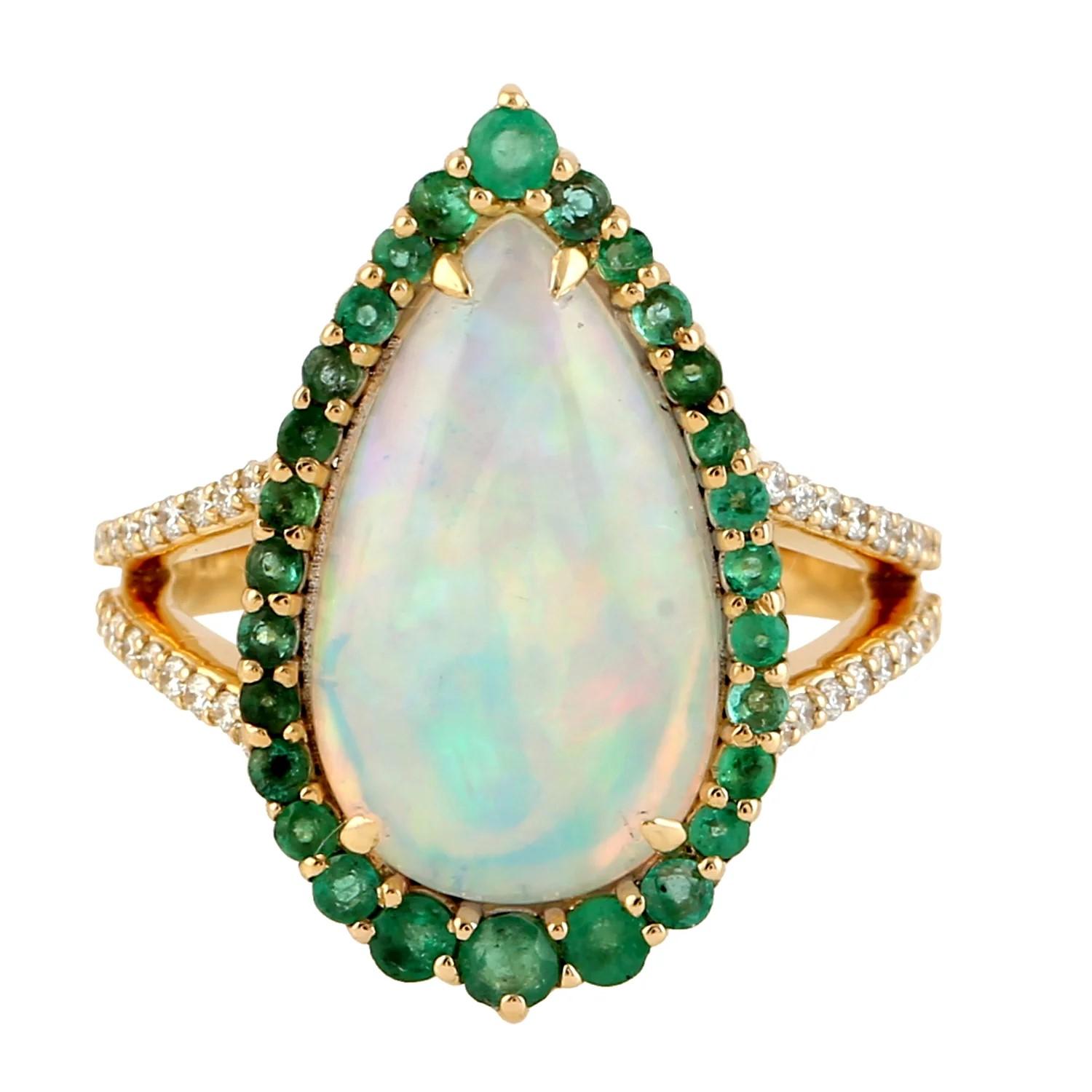 Pear Cut Meghna Jewels 3.13 Carats Ethiopian Opal Emerald Diamond 14 Karat Gold Ring For Sale