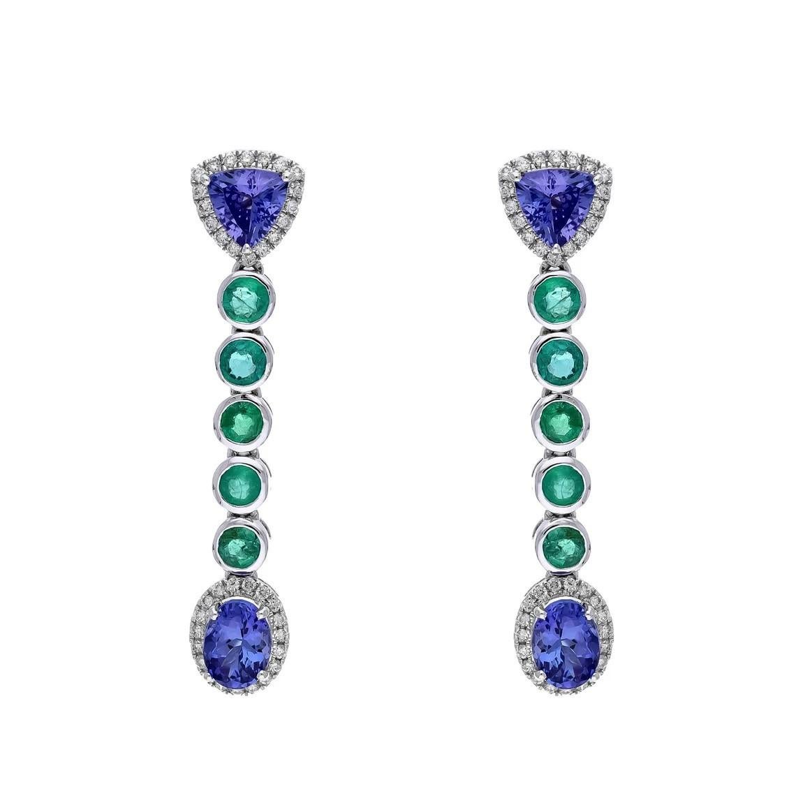 Modern Meghna Jewels 3.20 carats Tanzanite Emerald Diamond 18 Karat Gold Earrings For Sale