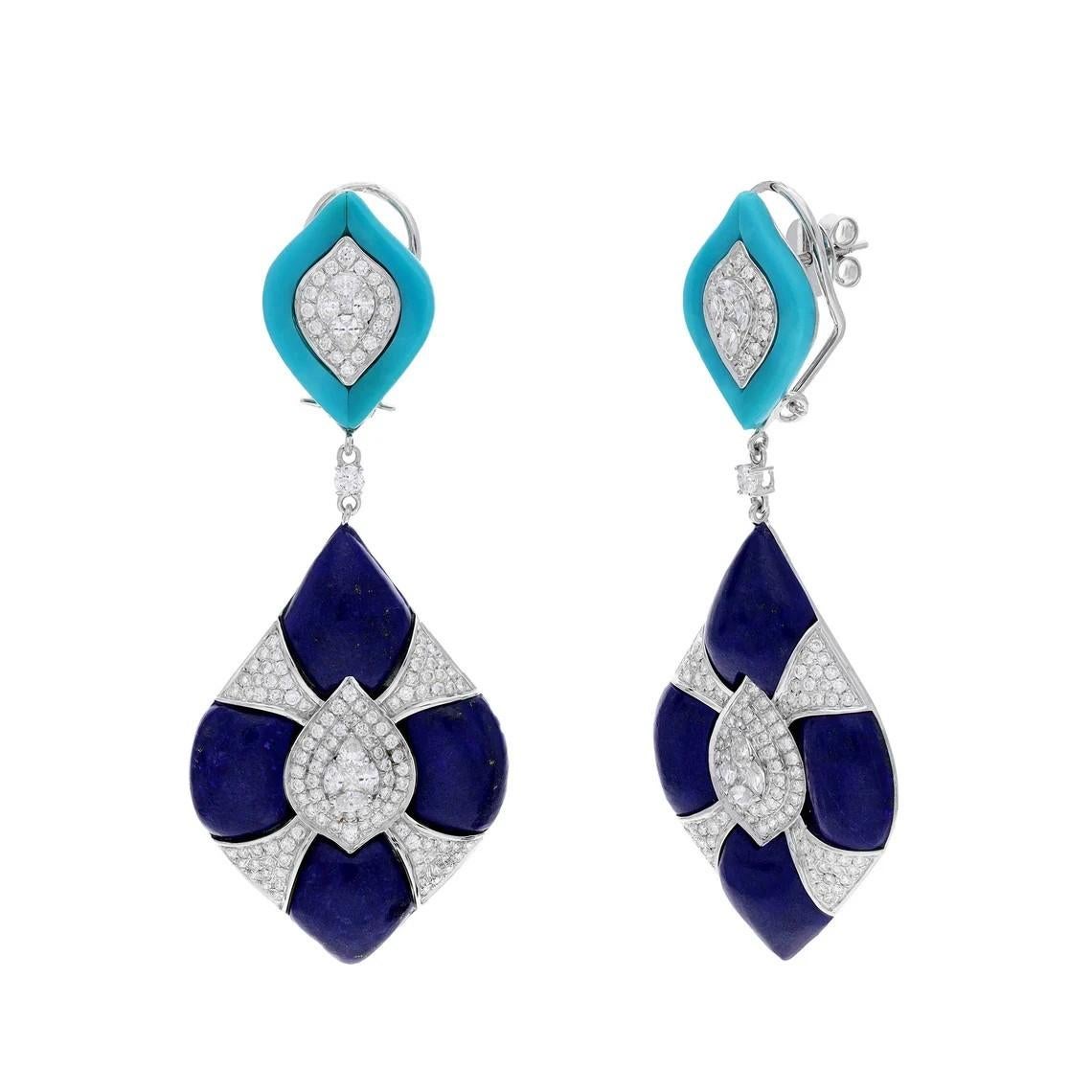 Handcrafted from 18-karat gold, these exquisite drop earrings are set with 32.20 carats Lapis, 4.60 carat Turquoise and .18 carats of glimmering diamonds. 

FOLLOW MEGHNA JEWELS storefront to view the latest collection & exclusive pieces.  Meghna