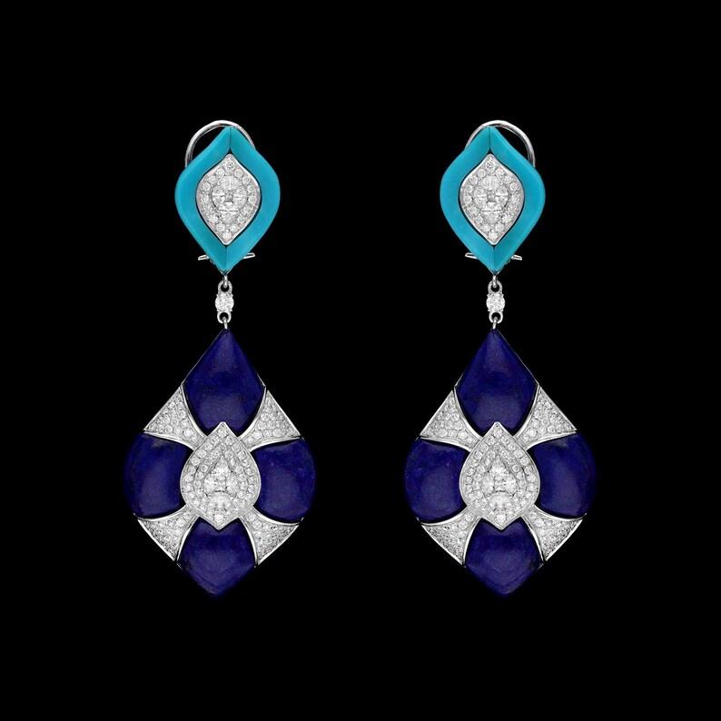 Contemporary Meghna Jewels 32.20 carat Lapis 4.60 carat Turquoise Diamond 18K Gold Earrings For Sale