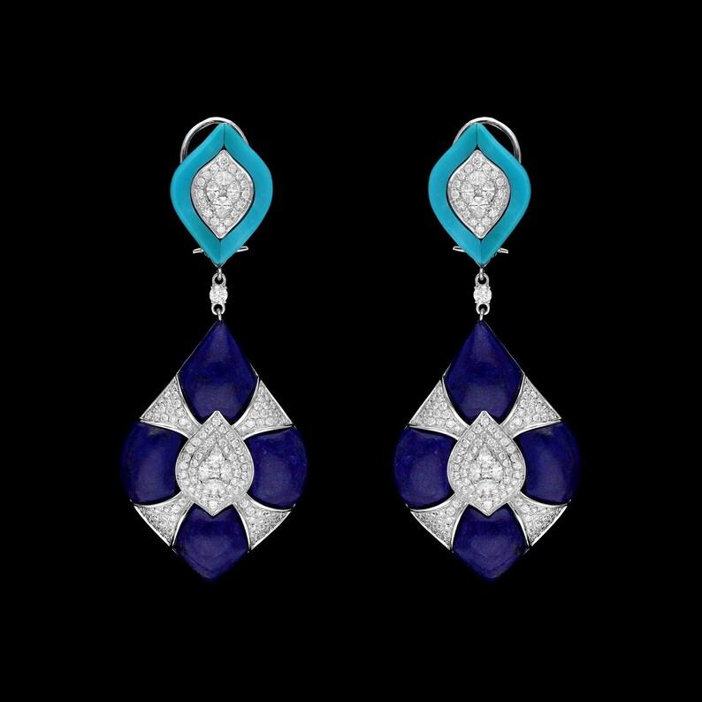 Mixed Cut Meghna Jewels 32.20 carat Lapis 4.60 carat Turquoise Diamond 18K Gold Earrings For Sale