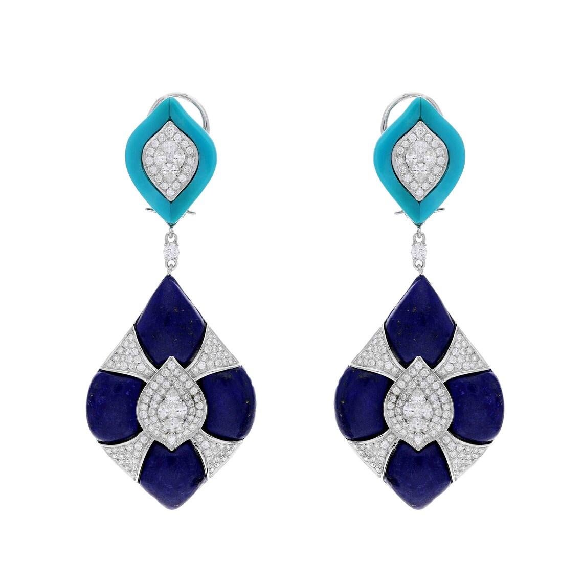 Mixed Cut Meghna Jewels 32.20 carat Lapis 4.60 carat Turquoise Diamond 18K Gold Earrings For Sale