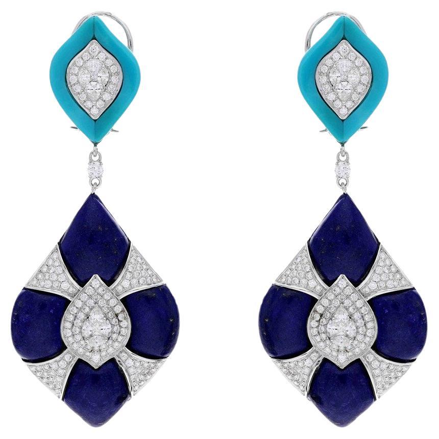 Meghna Jewels 32.20 carat Lapis 4.60 carat Turquoise Diamond 18K Gold Earrings For Sale