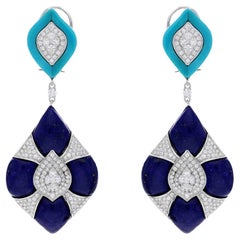 Meghna Jewels 32.20 carat Lapis 4.60 carat Turquoise Diamond 18K Gold Earrings