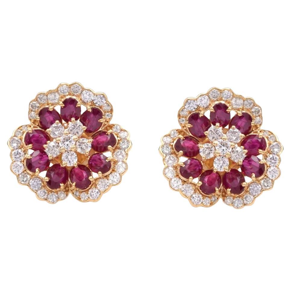 Meghna Jewels 3.78 carat Ruby Diamond 14 Karat Gold Camellia Stud Earrings