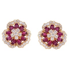 Meghna Jewels 3.78 carat Ruby Diamond 14 Karat Gold Camellia Stud Earrings