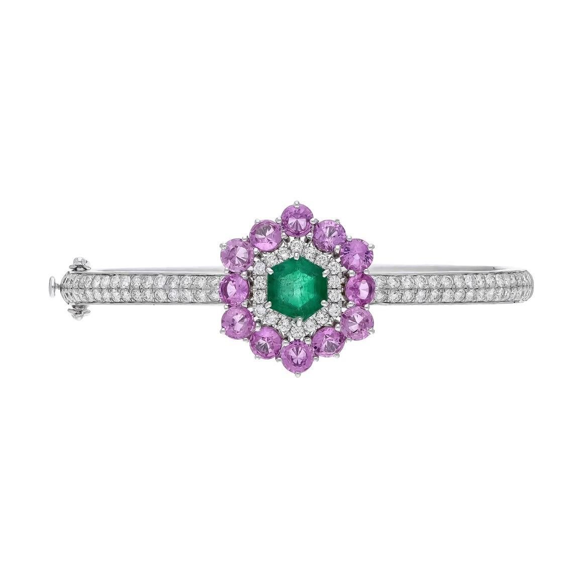 Round Cut Meghna Jewels 4.07 carats Pink Sapphire emerald diamond 18 Karat Gold Bracelet For Sale