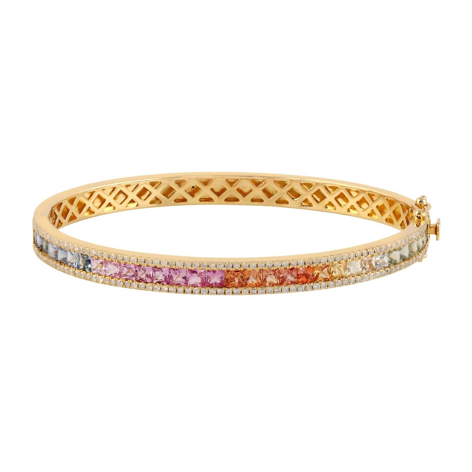 Mixed Cut Meghna Jewels 4.1 carats Multi Sapphire 14 Karat Gold Diamond Bangle Bracelet For Sale
