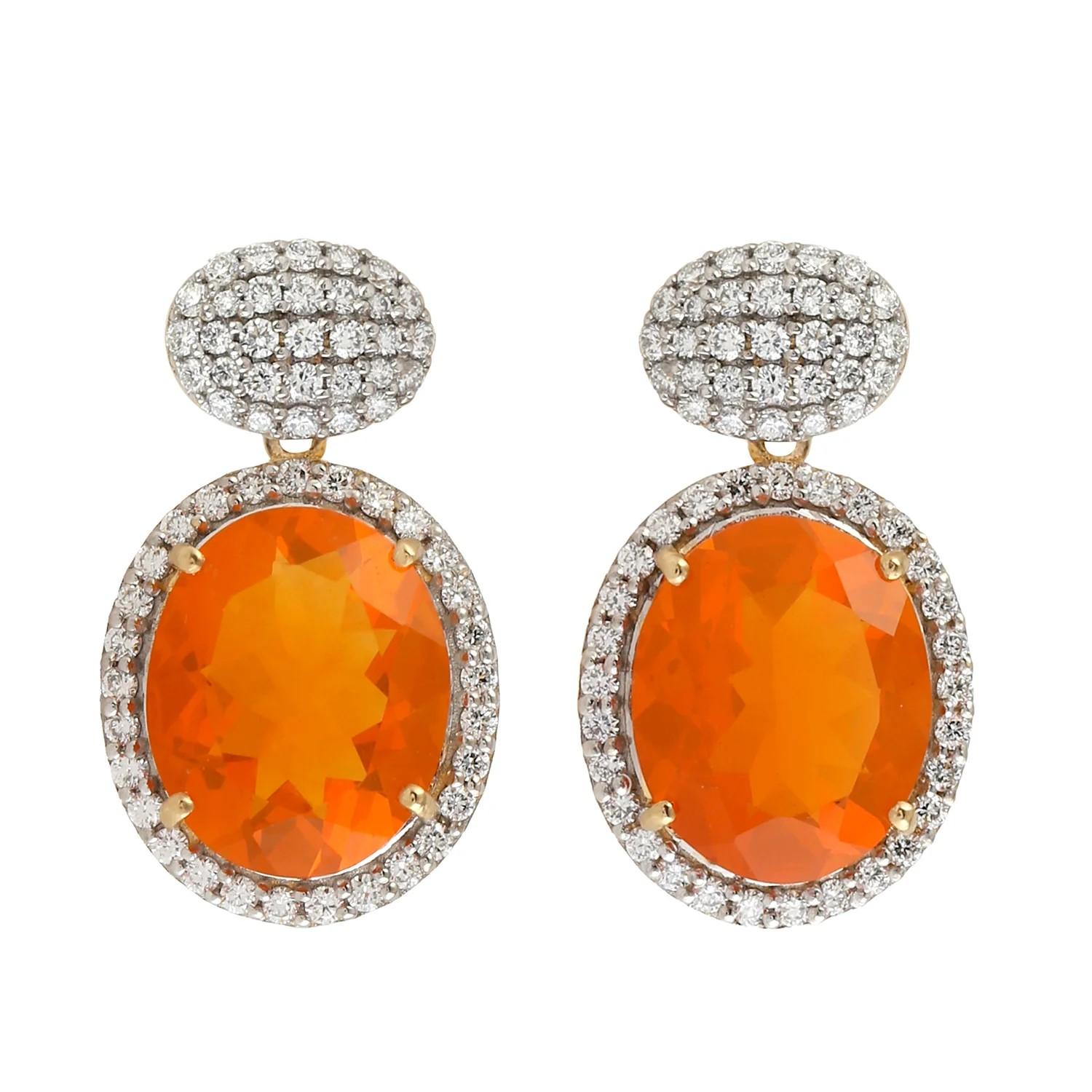 Contemporary Meghna Jewels 4.58 Carats Fire Opal Diamond 14 Karat Gold Earrings For Sale