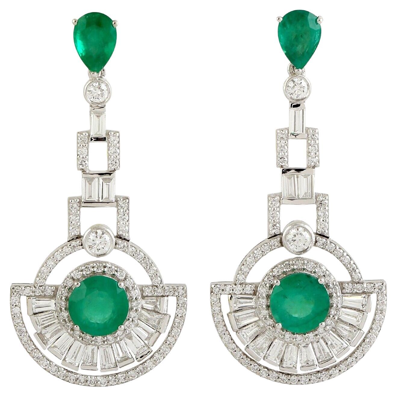 Meghna Jewels 4.8 Carats Emerald 3.12 carats diamonds Art Deco Style Earrings For Sale