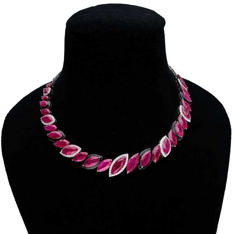 Contemporary Meghna Jewels 48.08 carat Marquise Cut Ruby Diamond 18K White Gold Necklace For Sale