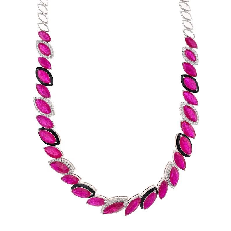 Meghna Jewels 48.08 carat Marquise Cut Ruby Diamond 18K White Gold Necklace In New Condition For Sale In Hoffman Estate, IL