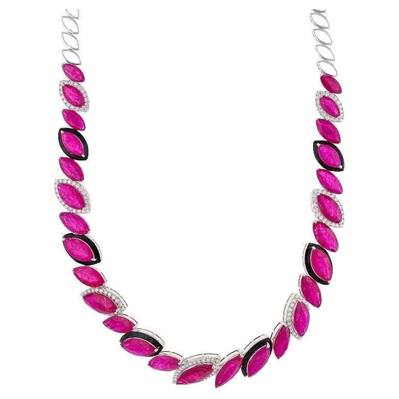 Meghna Jewels Collar de oro blanco de 18 quilates con diamantes de corte marquesa y rubí de 48,08 quilates