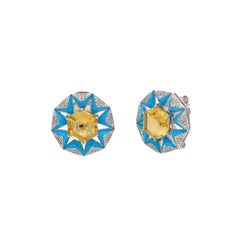 Meghna Jewels 5.53 carat Citrine 14 Karat Gold Blue Enamel Star Stud Earrings