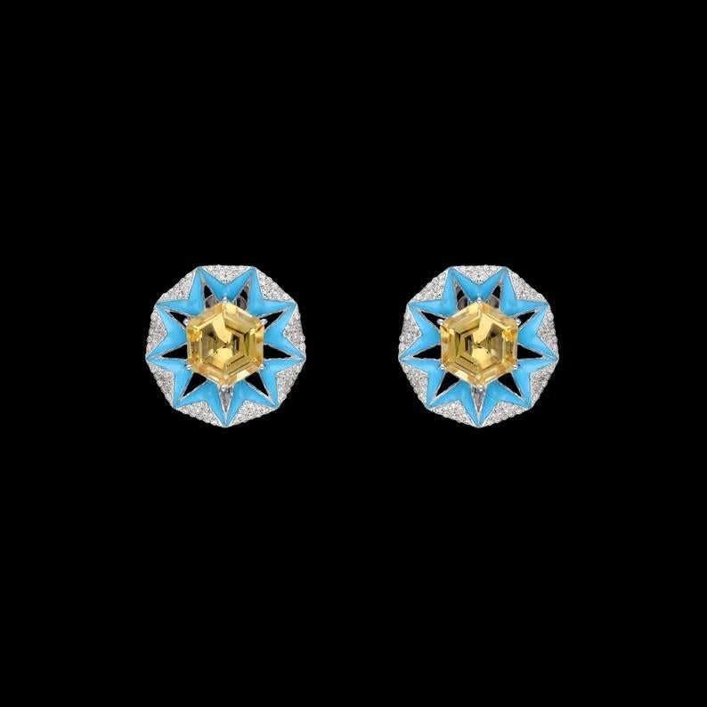 Artisan Meghna Jewels 5.53 carat Citrine 18 Karat Gold Blue Enamel Star Stud Earrings For Sale