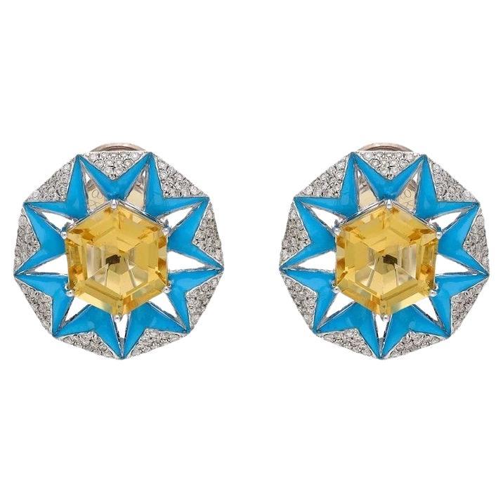 Meghna Jewels 5.53 carat Citrine 18 Karat Gold Blue Enamel Star Stud Earrings For Sale