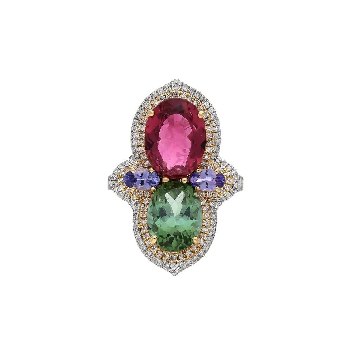 Moderne Meghna Jewels, bague en or 18 carats avec tourmaline de 5,87 carats, tanzanite bicolore et diamants en vente
