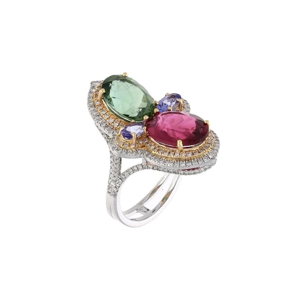 Taille ovale Meghna Jewels, bague en or 18 carats avec tourmaline de 5,87 carats, tanzanite bicolore et diamants en vente