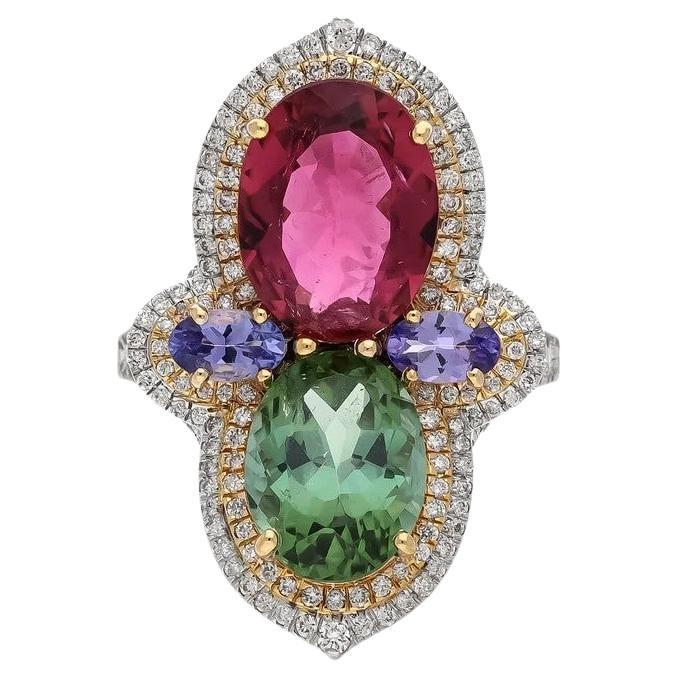 Meghna Jewels 5.87 Carat Tourmaline Tanzanite Two Tone Diamond 18K Gold Ring