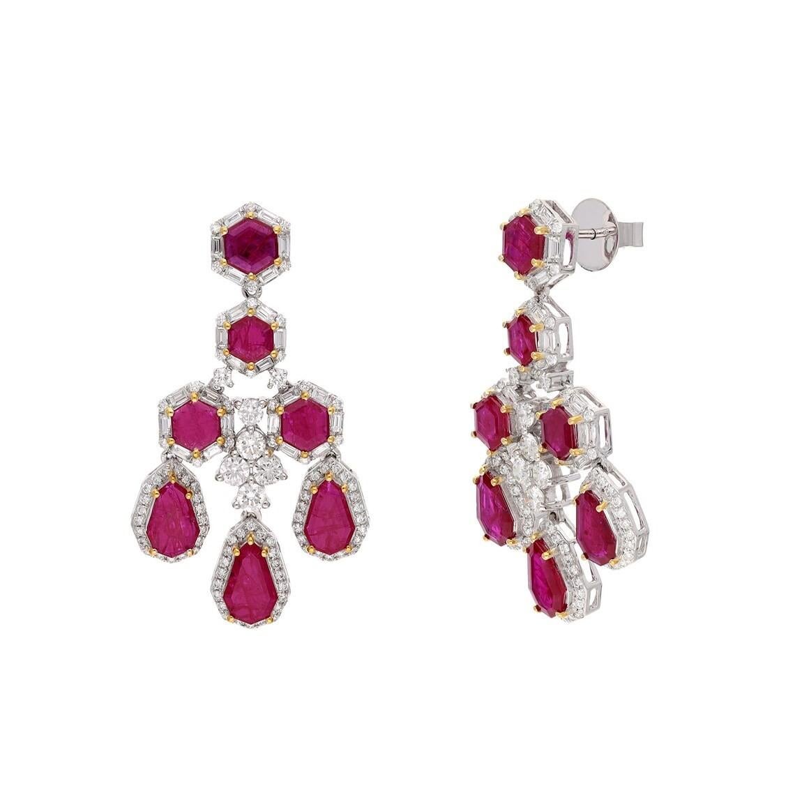 Cast from 18-karat gold, these exquisite earrings are handset with 6.92 carats Ruby and 2.62 carats of sparkling diamonds. 

FOLLOW MEGHNA JEWELS storefront to view the latest collection & exclusive pieces. Meghna Jewels is proudly rated as a Top