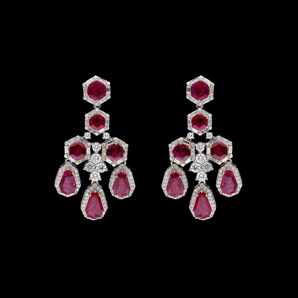 Contemporary Meghna Jewels 6.92 carats Ruby Diamond 18K Gold Chandelier Drop Earrings For Sale
