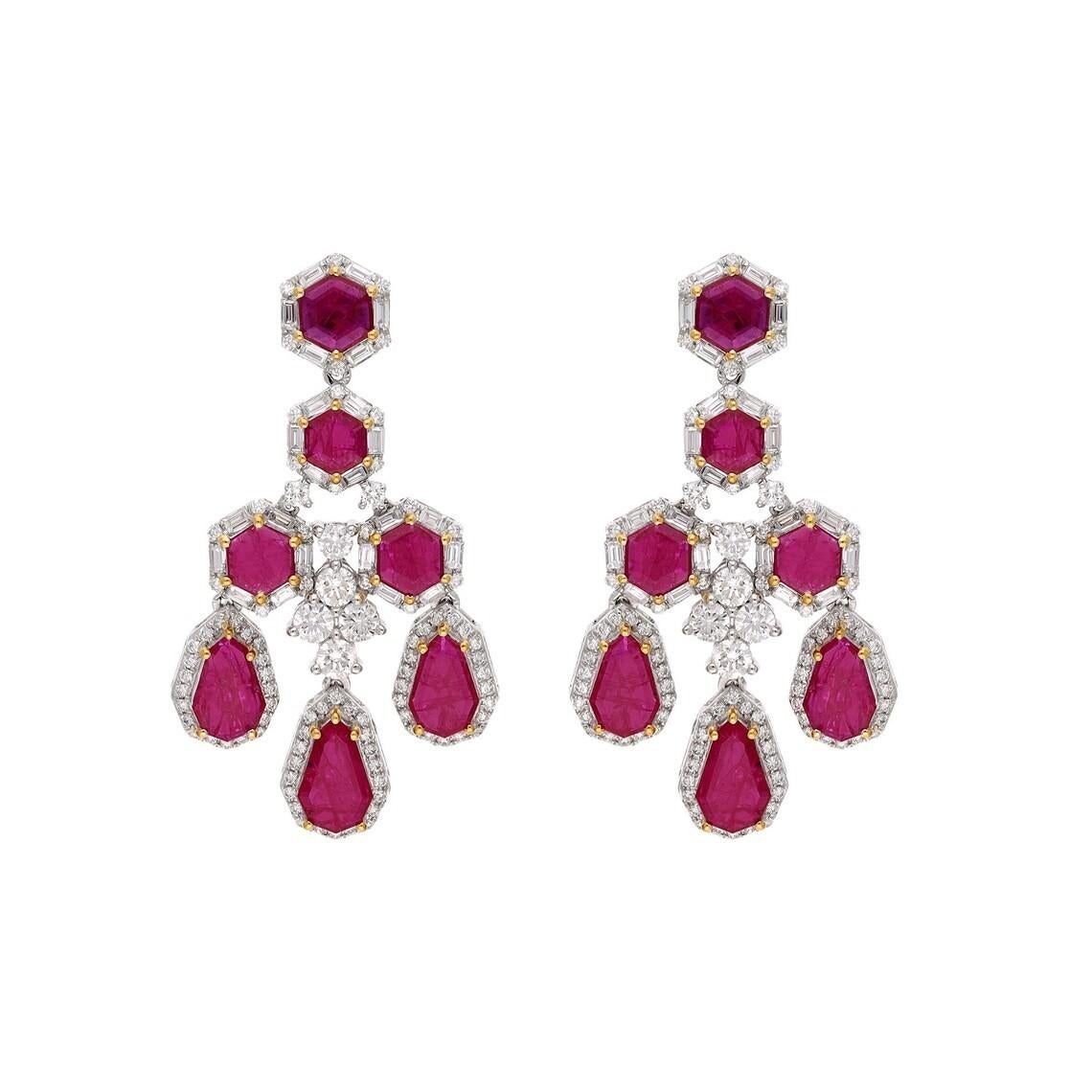 Mixed Cut Meghna Jewels 6.92 carats Ruby Diamond 18K Gold Chandelier Drop Earrings For Sale