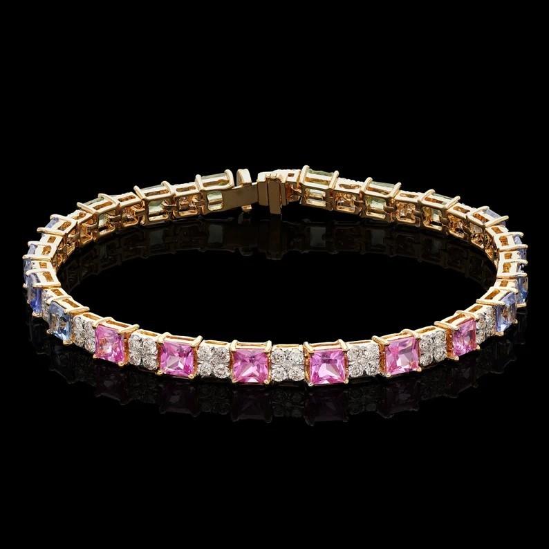 A stunning bracelet handmade in 18K gold. It is set in 7.64 carats rainbow sapphire and 1.93 carats of sparkling diamonds.

FOLLOW MEGHNA JEWELS storefront to view the latest collection & exclusive pieces.  Meghna Jewels is proudly rated as a Top