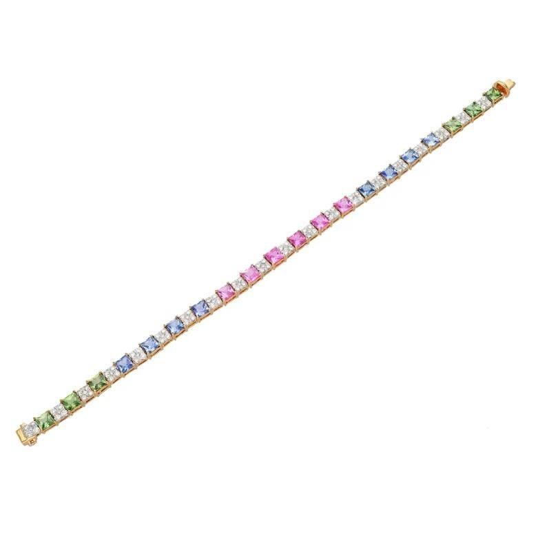 Modern Meghna Jewels 7.64 carats Rainbow Sapphire diamond 18K Gold Tennis Bracelet For Sale