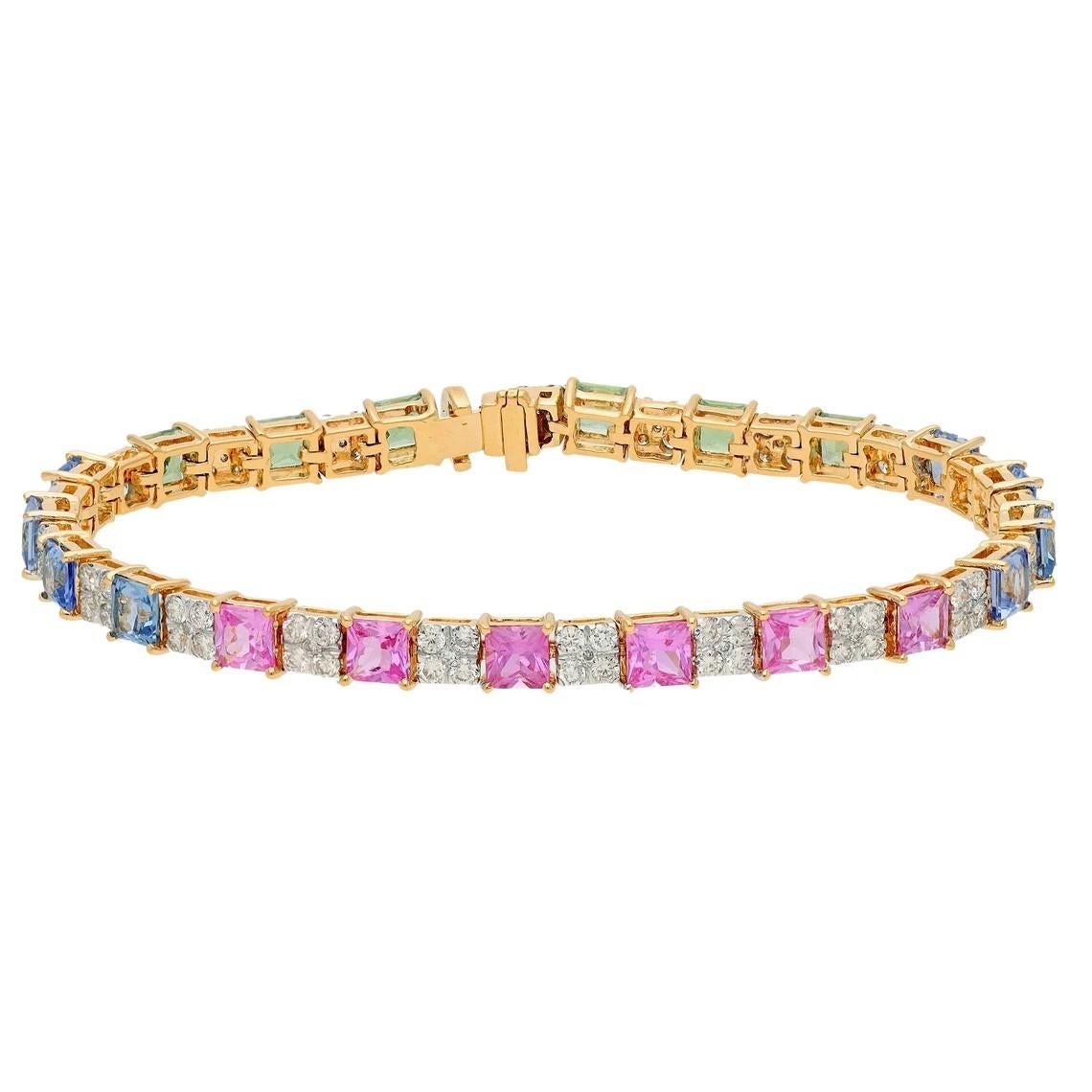 Round Cut Meghna Jewels 7.64 carats Rainbow Sapphire diamond 18K Gold Tennis Bracelet For Sale