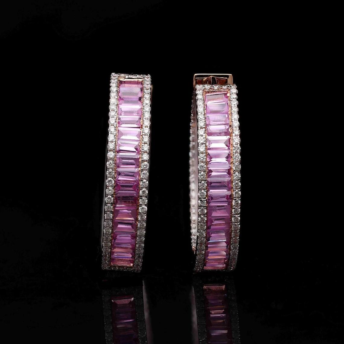 Meghna Jewels 8,91 Karat Baguette Rosa Saphir Diamant 14K Gold Creolen Ohrringe (Zeitgenössisch) im Angebot