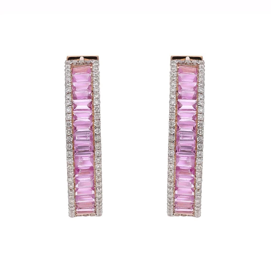Meghna Jewels 8,91 Karat Baguette Rosa Saphir Diamant 14K Gold Creolen Ohrringe (Baguetteschliff) im Angebot