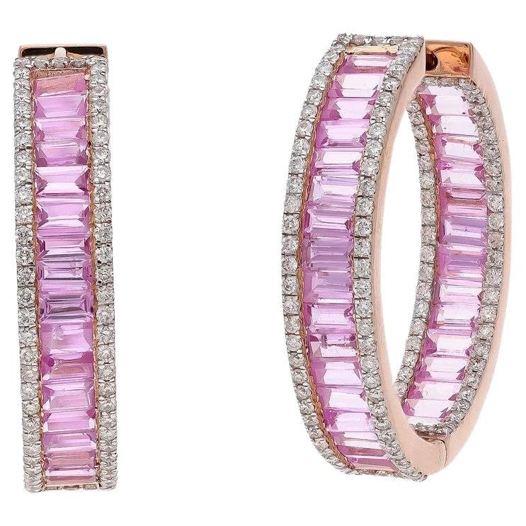 Meghna Jewels 8.91 Carats Baguette Pink Sapphire Diamond 14K Gold Hoop Earrings