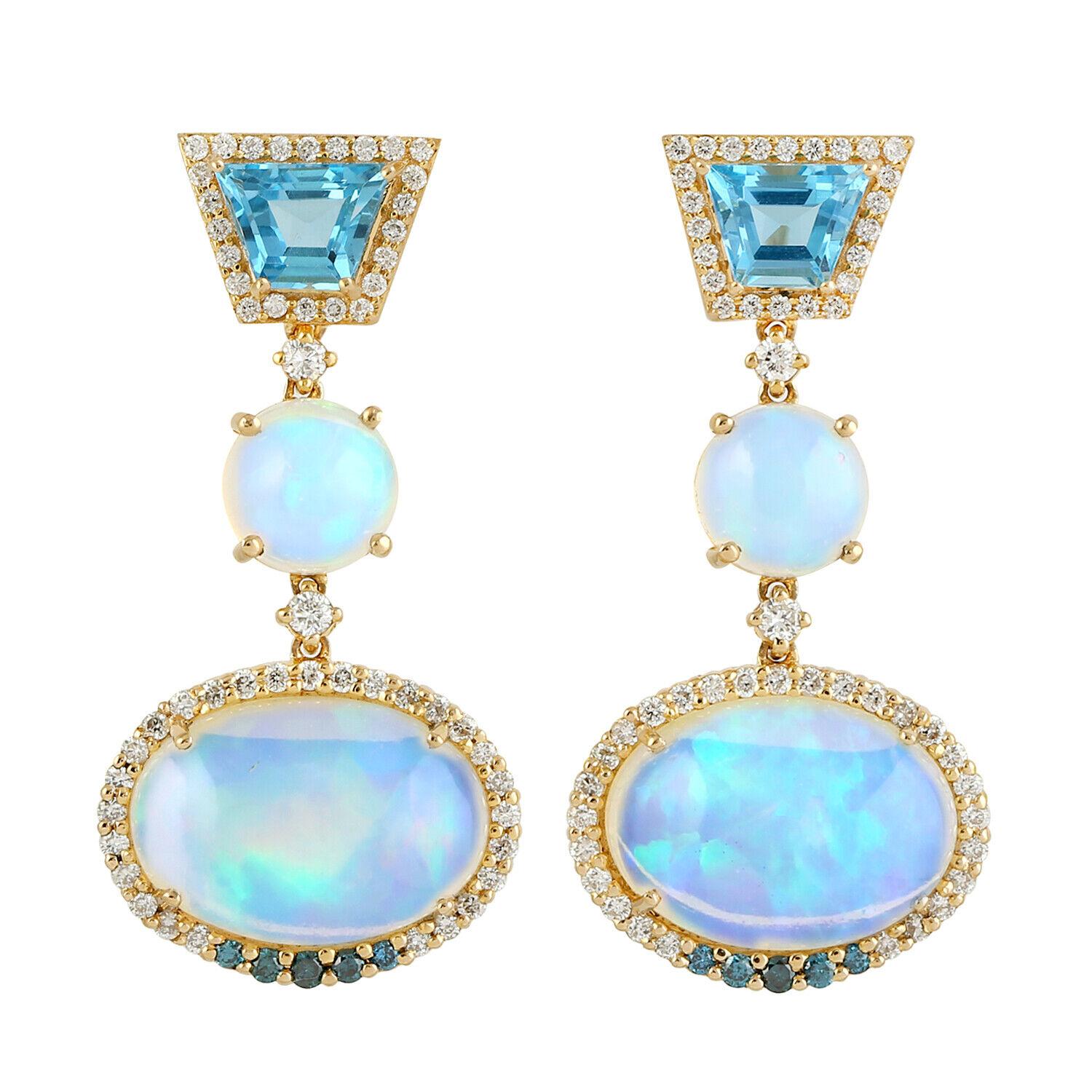 Modern Meghna Jewels 9.51 Carat Opal Topaz Diamond 14 Karat Gold Earrings For Sale