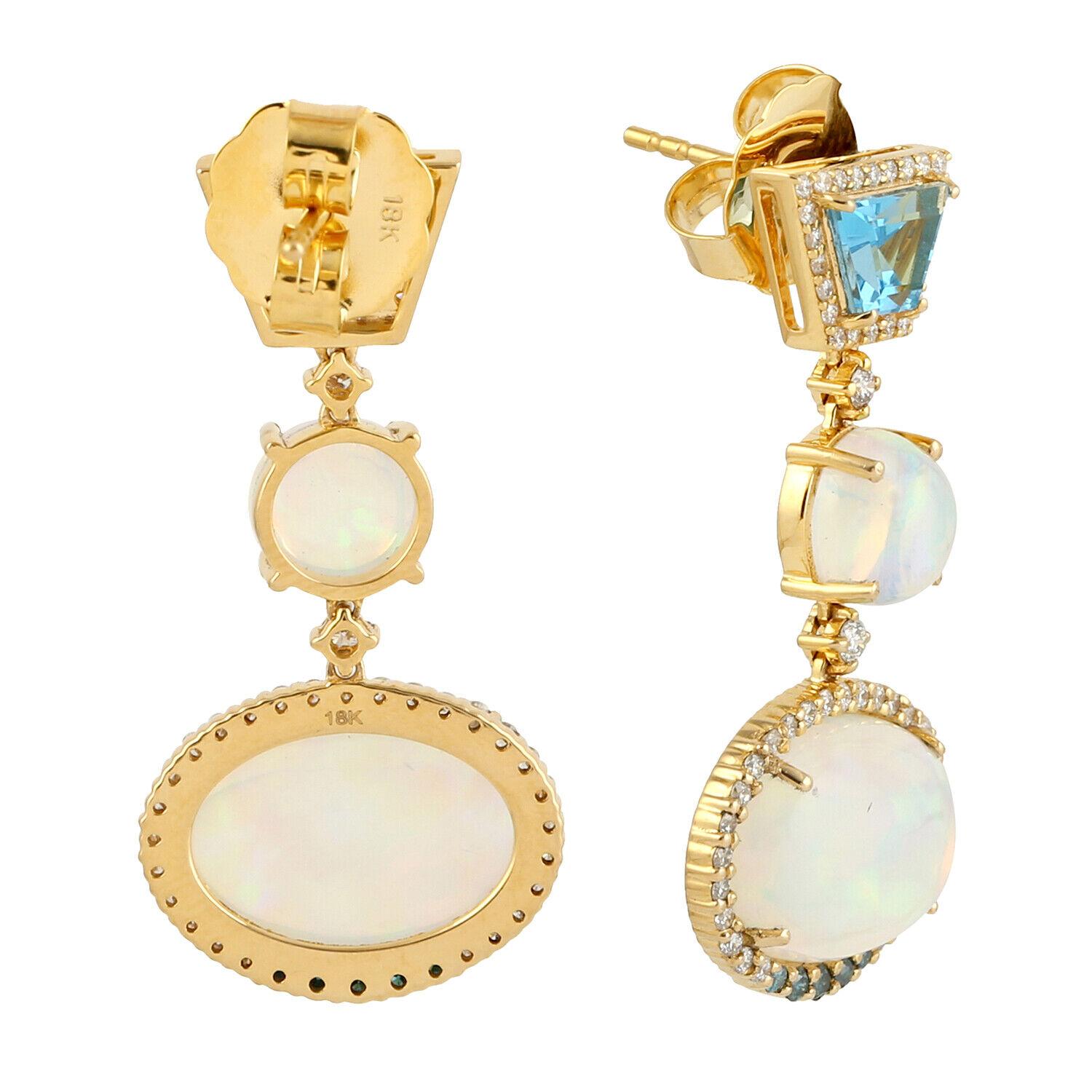 Mixed Cut Meghna Jewels 9.51 Carat Opal Topaz Diamond 14 Karat Gold Earrings For Sale