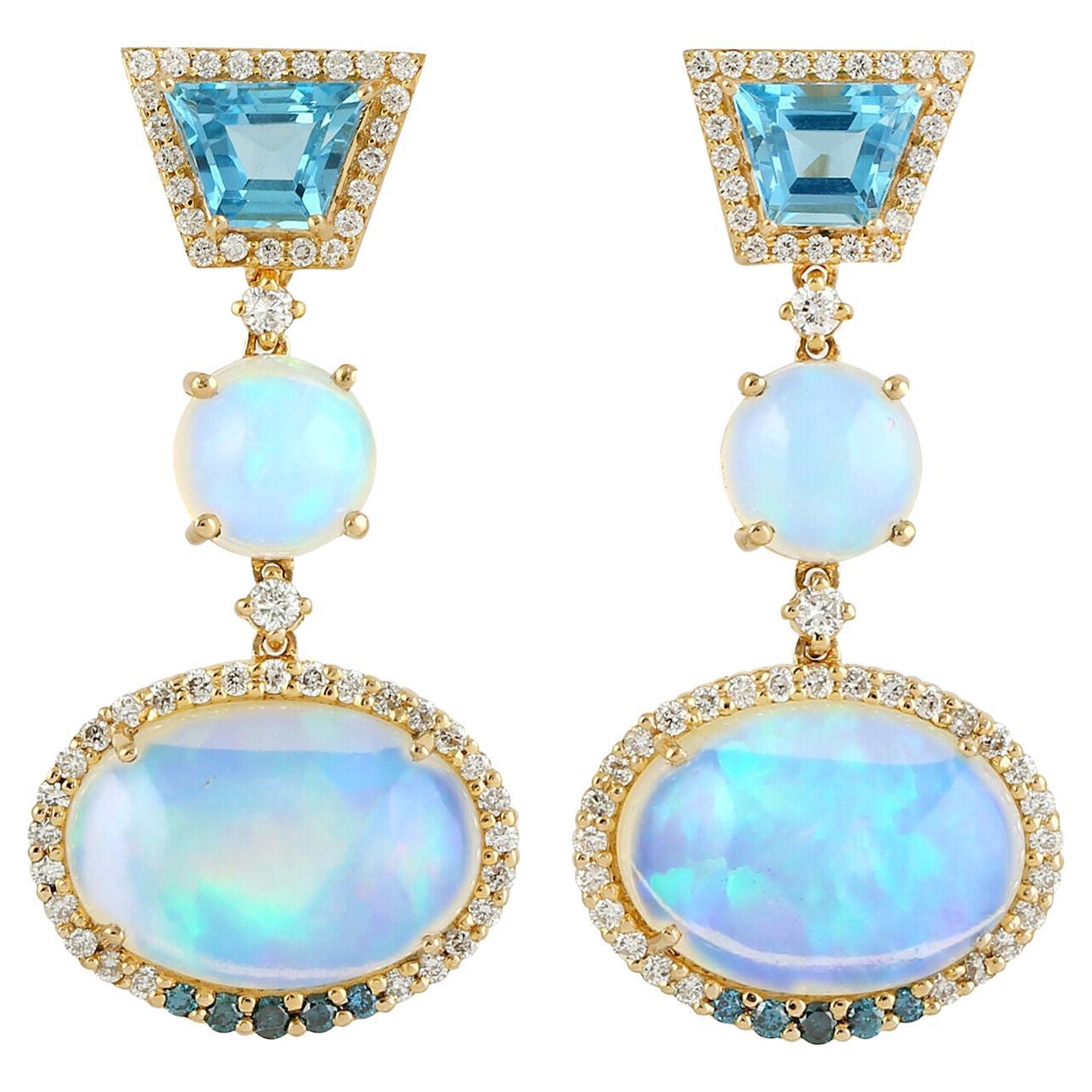 Meghna Jewels 9.51 Carat Opal Topaz Diamond 14 Karat Gold Earrings For Sale