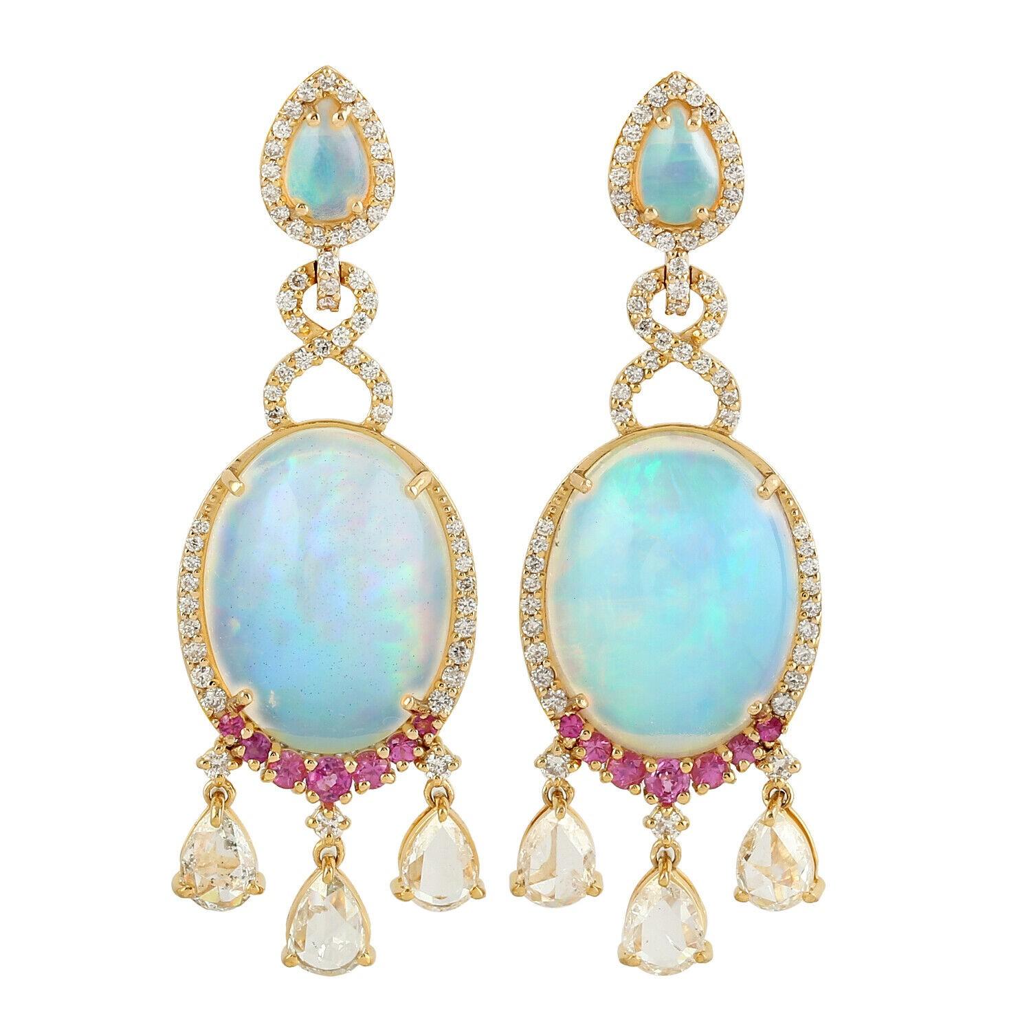 Contemporary Meghna Jewels 9.78 Carat Opal Diamond 14 Karat Gold Earrings For Sale