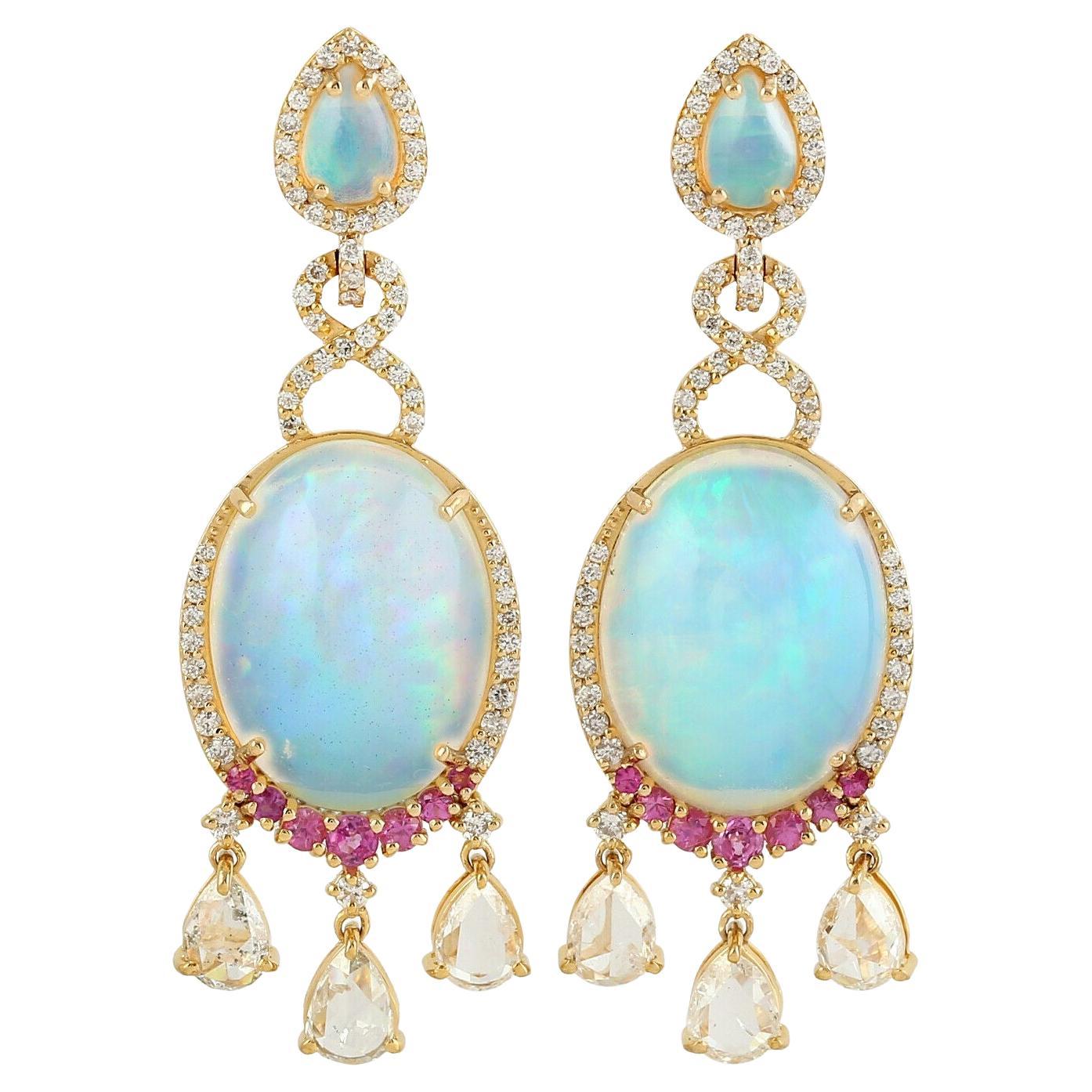 Meghna Jewels 9.78 Carat Opal Diamond 14 Karat Gold Earrings For Sale