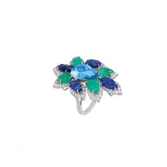 Meghna Jewels Aquamarine Emerald Blue Sapphire Diamond 14K Gold Carved Leaf Ring