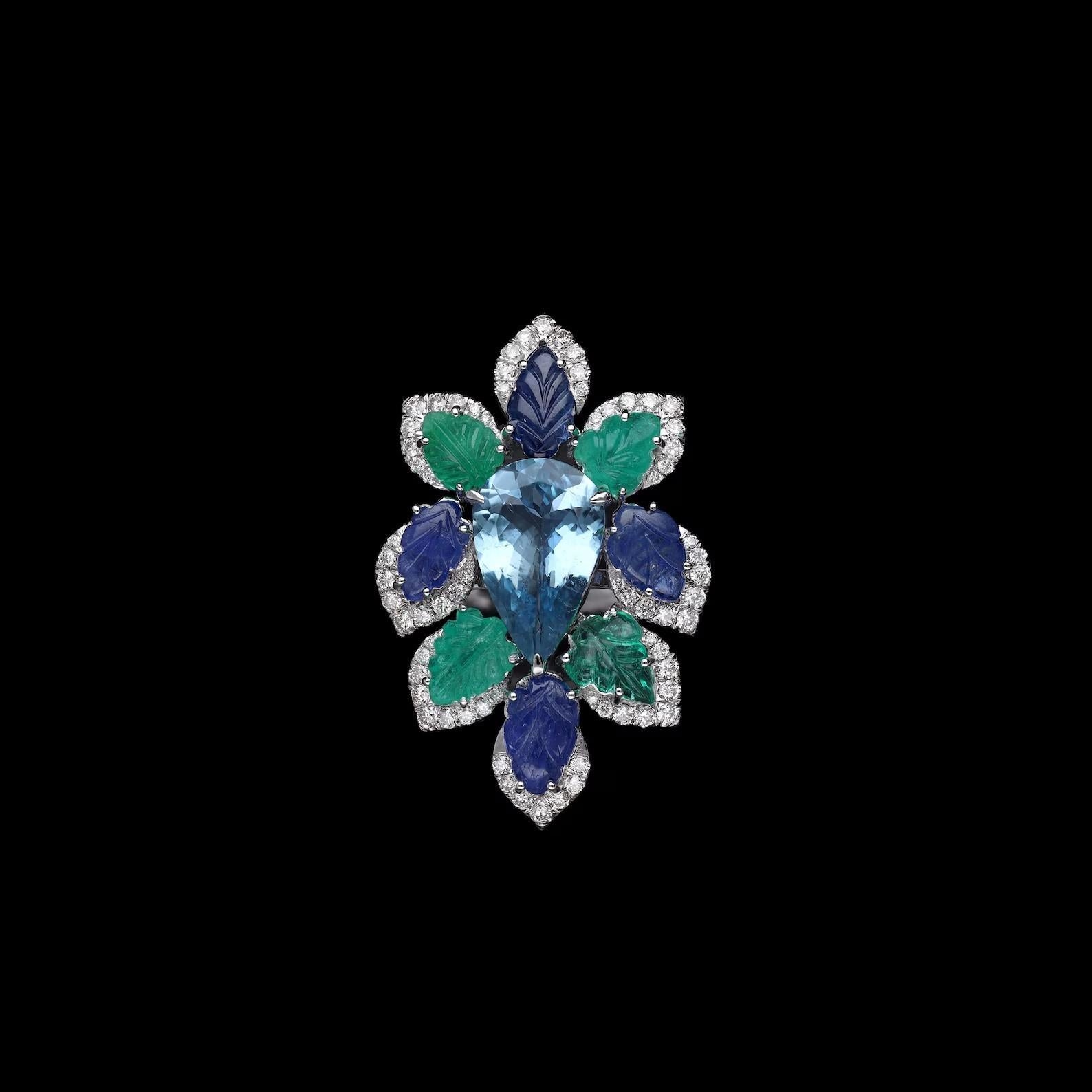 Contemporaneo MEGHNA JEWELS Anello con foglia intagliata in oro 14K con smeraldo e zaffiro blu e diamante in vendita