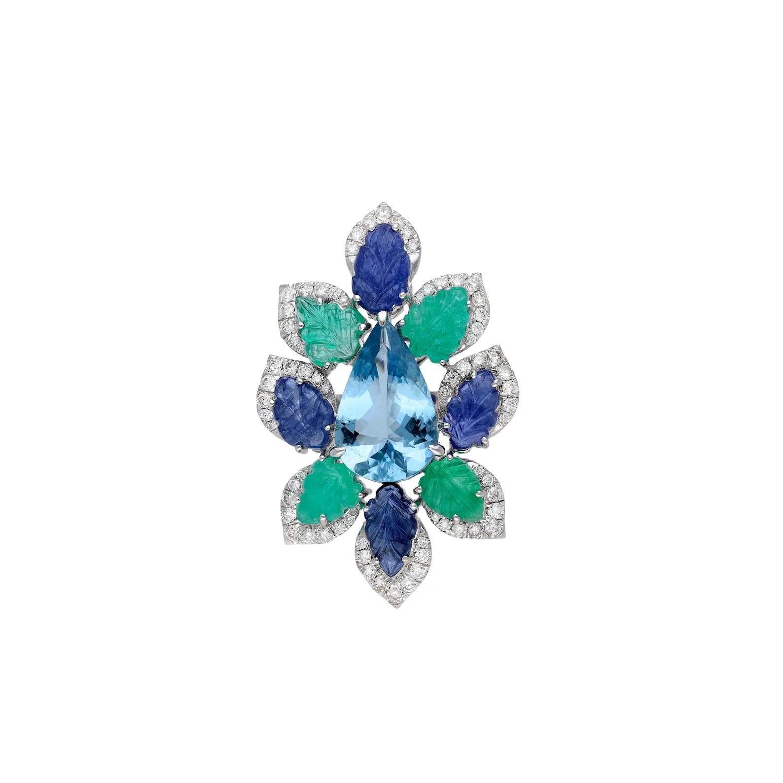 Taglio misto MEGHNA JEWELS Anello con foglia intagliata in oro 14K con smeraldo e zaffiro blu e diamante in vendita