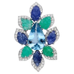 Meghna Jewels Aquamarine Emerald Blue Sapphire Diamond 14K Gold Carved Leaf Ring