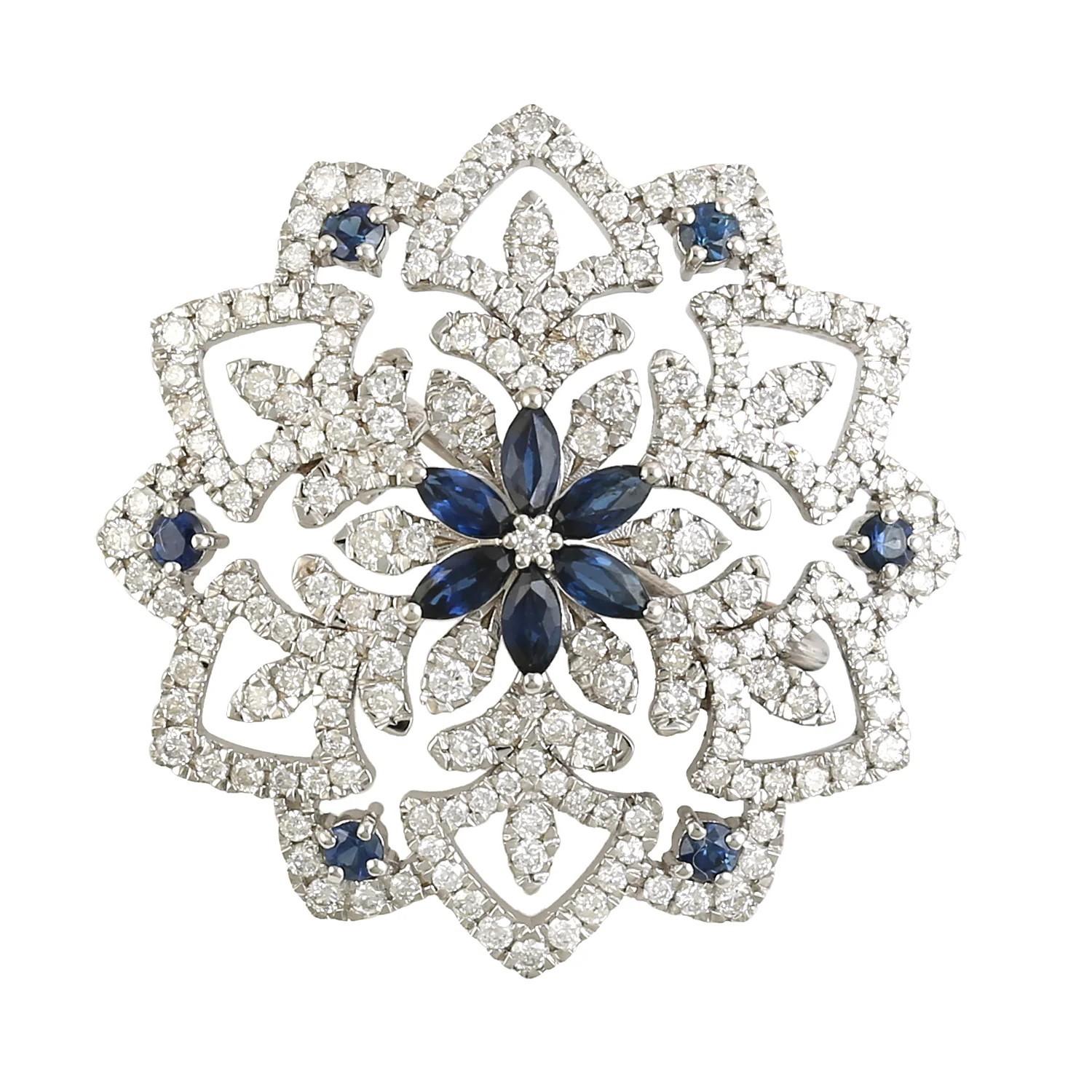 Artisan Meghna Jewels blue sapphire diamond 14K Gold Vintage Style Pendant Veil Brooch For Sale