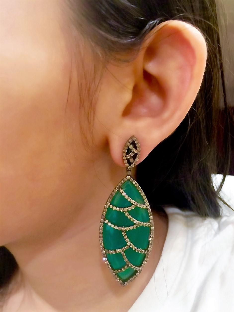 Contemporary Green Onyx Diamond Marquise Earrings For Sale