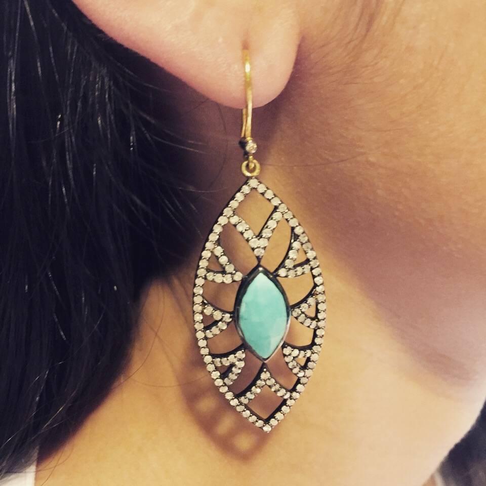 Modern Meghna Jewels Bora Bora Marquise Earrings Turquoise and Diamonds